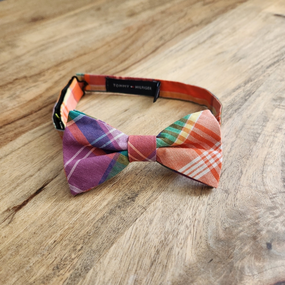 Tommy Hilfiger Plaid Orange Purple Green Pre-Tied Bow Tie